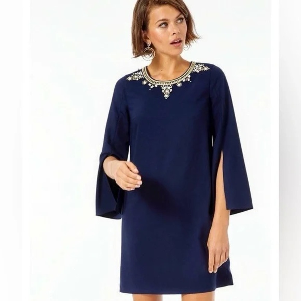 Lilly Pulitzer Anastasia Stretch Shift Dress True Navy Beaded Neckline